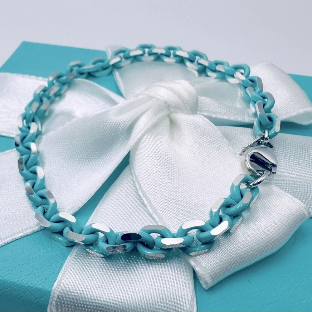 RARE Tiffany & Co. Blue Enamel Sparkle Chain Bracelet Sterling Silver with Case